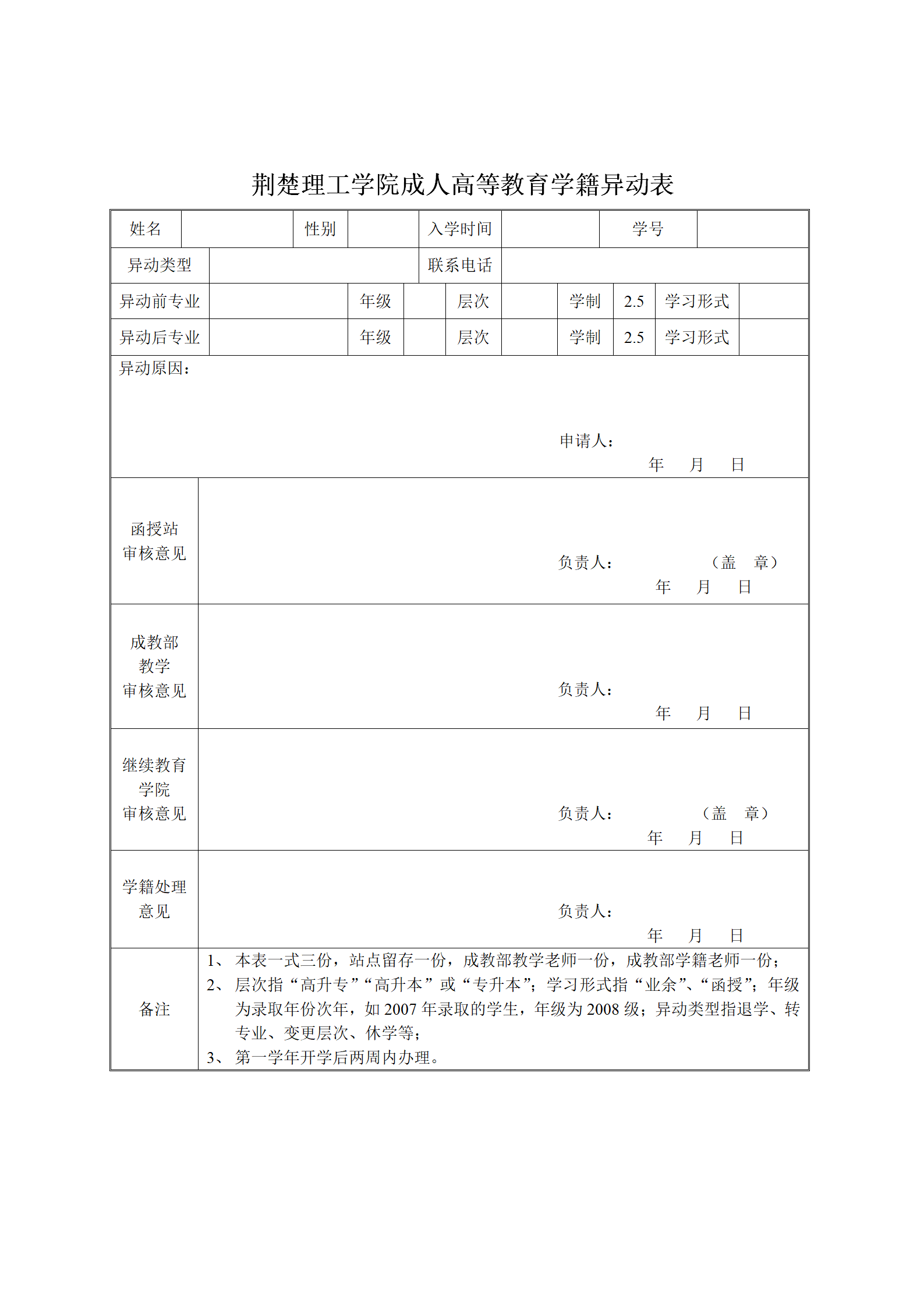 荊楚理工學(xué)院成人高等教育學(xué)籍異動表